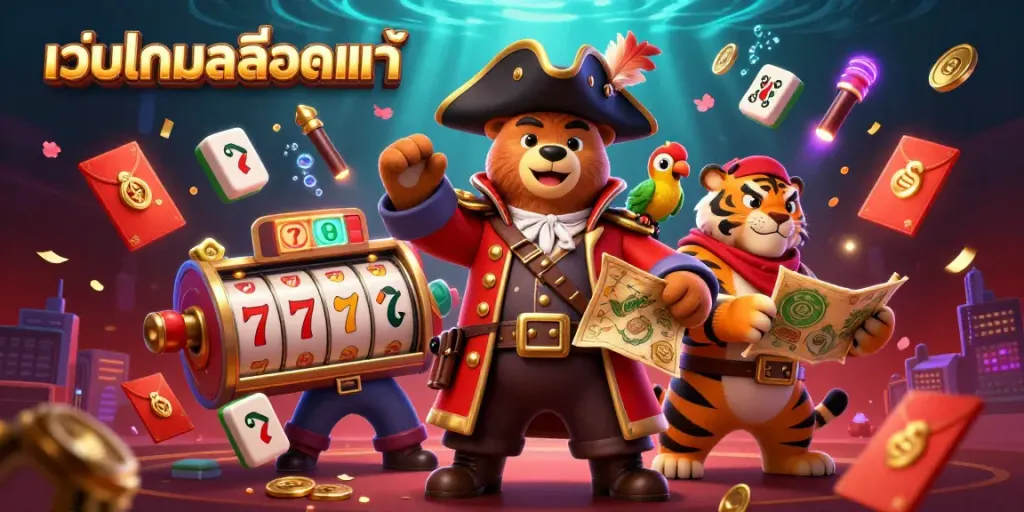 Experience thrilling gameplay with เว็บเกมสล็อตแท้ in a vibrant 3D cartoon scene featuring adventurous characters and gambling elements.