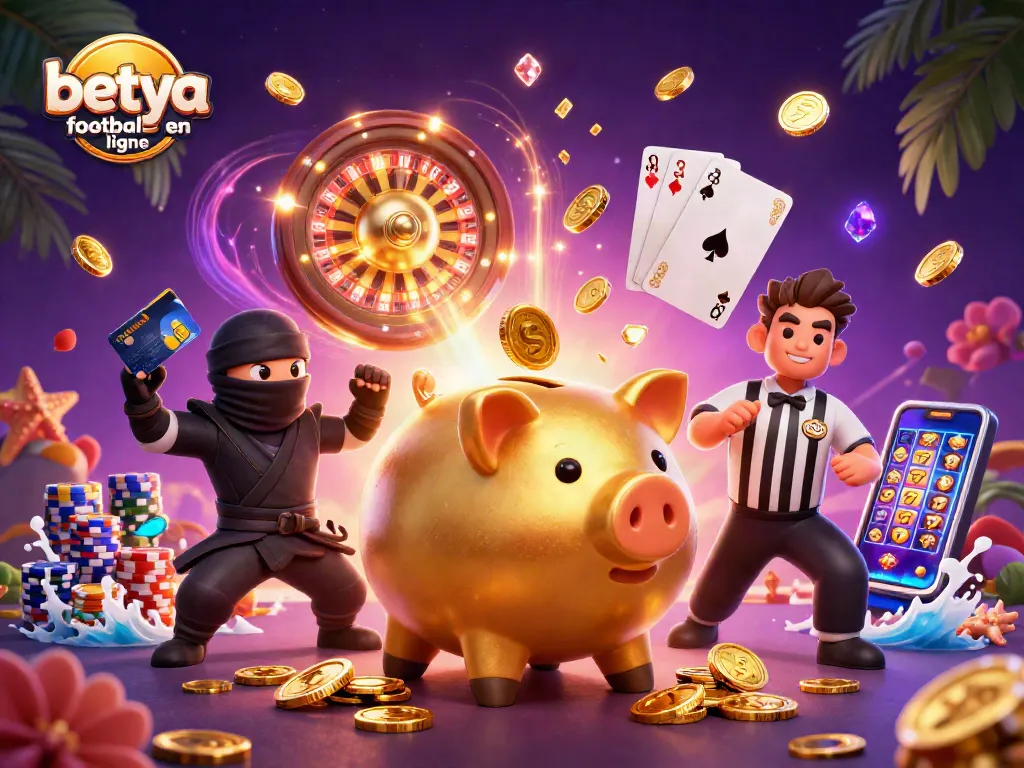 Betya football en ligne showcases an action-packed scene with dynamic characters, coins, and thrill of betting.
