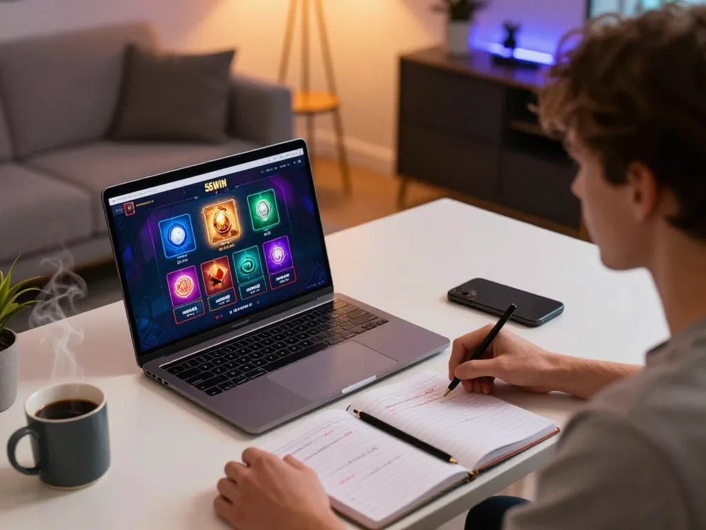 Player engaging with 56WIN casino games on a laptop at home, showcasing a strategic gaming setup