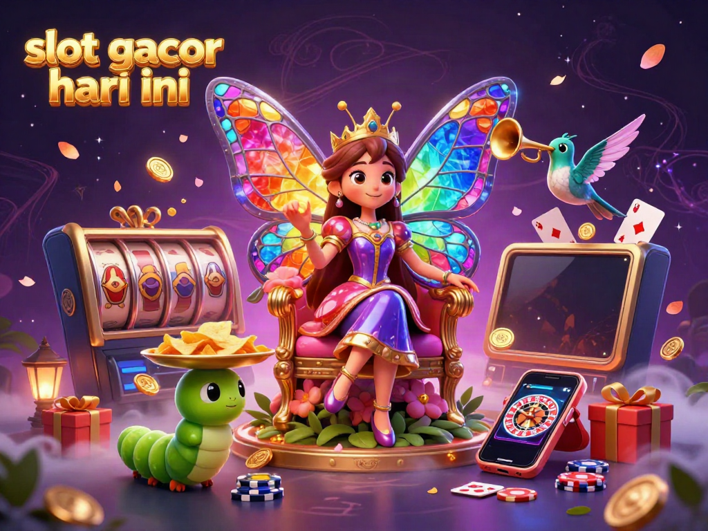 Ilustrasi 3D menampilkan slot gacor hari ini dengan ratu kupu-kupu, efek permainan slot, dan elemen kasino yang menakjubkan.