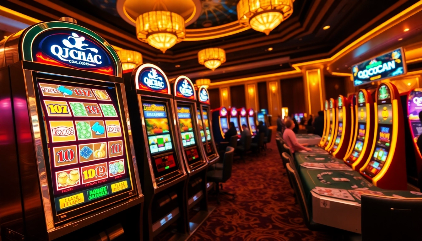 Experience thrilling moments at the qqmacan slot machine in a luxurious casino environment with vibrant colors and excitement.