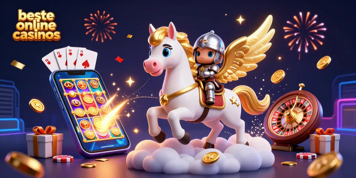 Experience the thrill at beste online casinos with a celestial horse and knight amidst vibrant gaming elements.