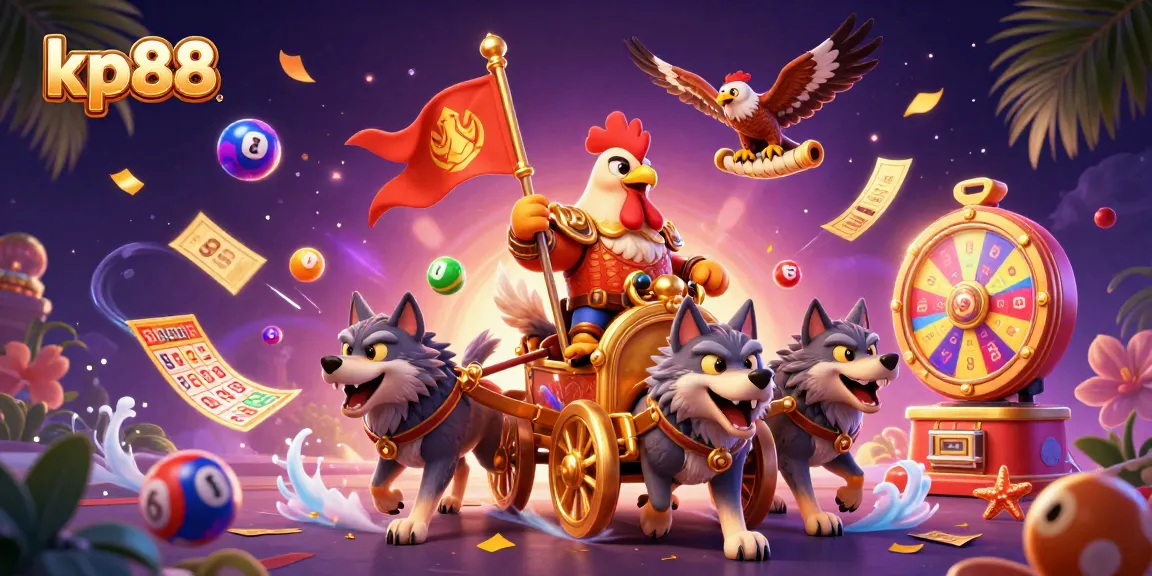 Engage with kp88's vibrant gambling scene featuring golden chariot and lottery elements.