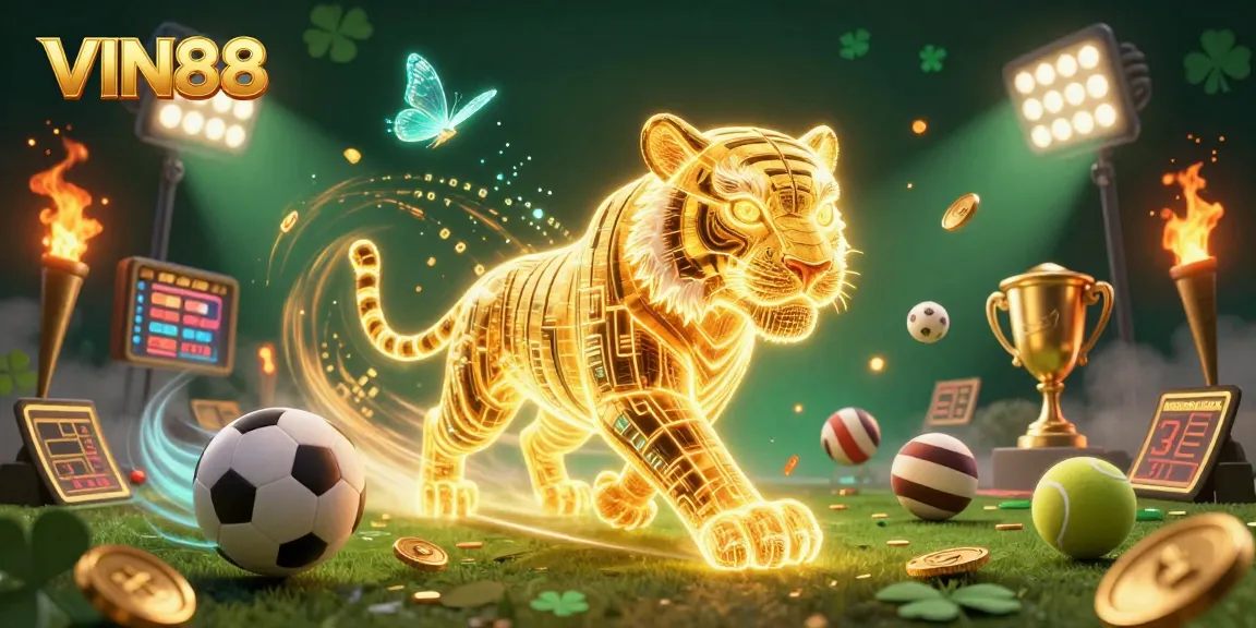 Experience exhilarating gameplay at VIN88 with dynamic 3D illustration of casino action and sports excitement.