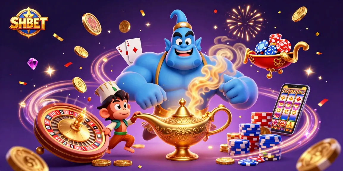 Experience SHBET's thrilling casino atmosphere with a 3D genie and poker chips for ultimate fun.