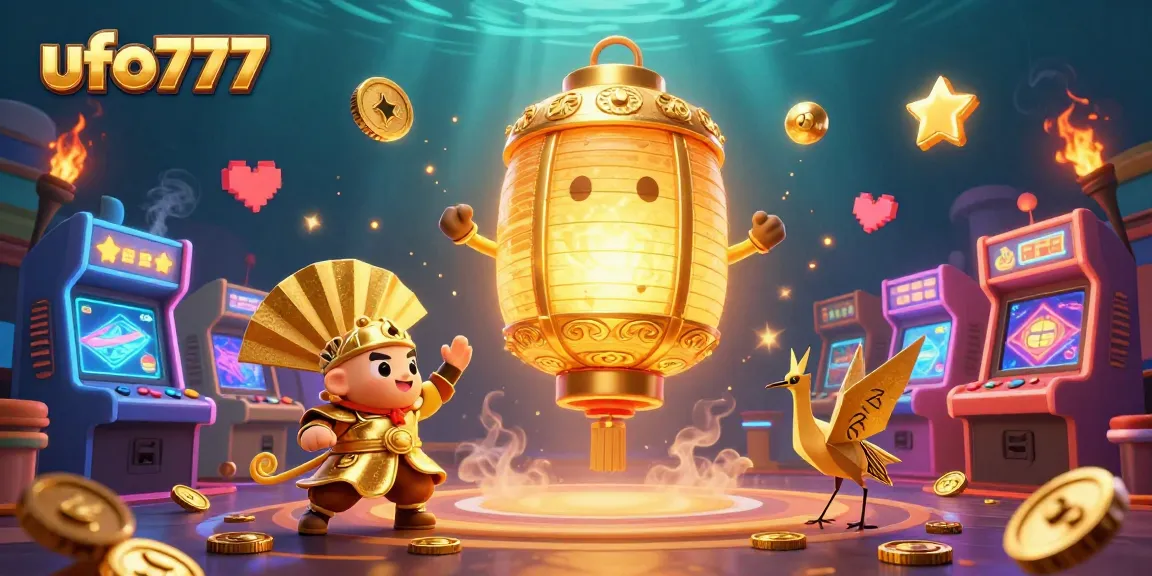 Experience exciting wins with ufo777 in a vibrant gaming scene filled with golden spirits and arcade games.