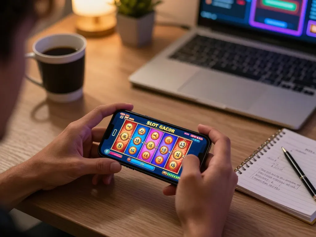 Player enjoying Slot Gacor gameplay on smartphone in cozy home environment