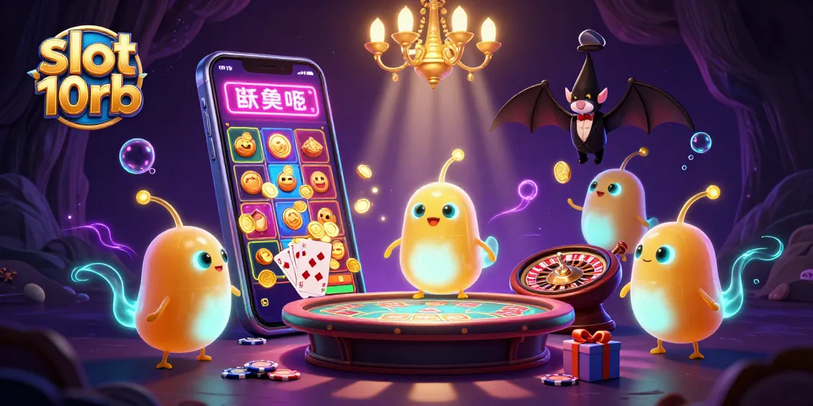 Experience slot 10rb with vibrant glowworms illuminating a lively casino scene.