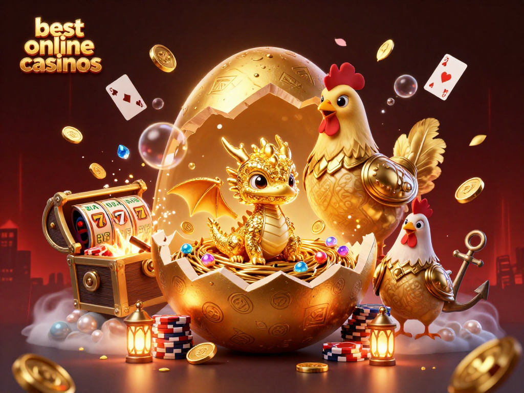 Engage with the best online casinos through this vibrant 3D illustration featuring a golden dragon and poker chips.