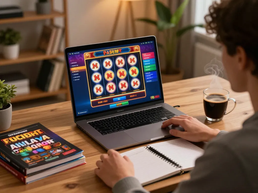 LIGA2000 player engaging in an online slot game with vibrant graphics and strategic planning materials