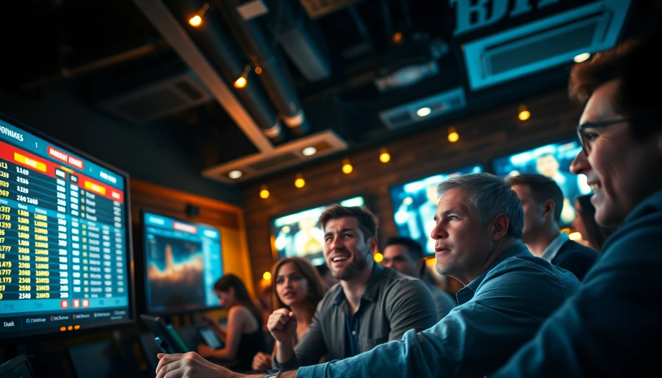 Engage with online Betting atmosphere in a bustling sports betting environment.