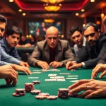 Engage with a thrilling poker game moment featuring intense players and vibrant chips.