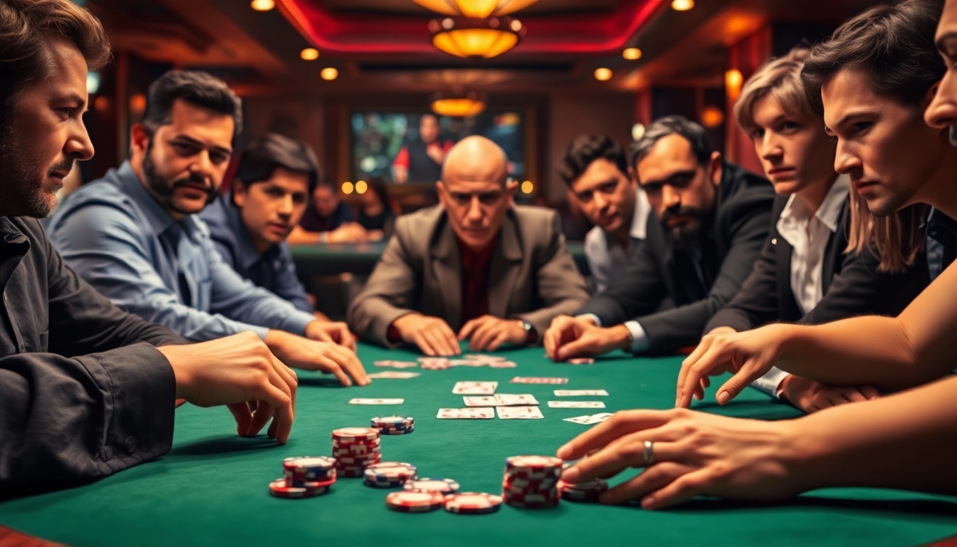 Engage with a thrilling poker game moment featuring intense players and vibrant chips.