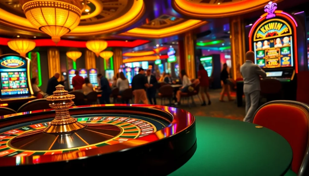 Experience the thrill of KKWIN with players engaging at a luxurious casino roulette table.