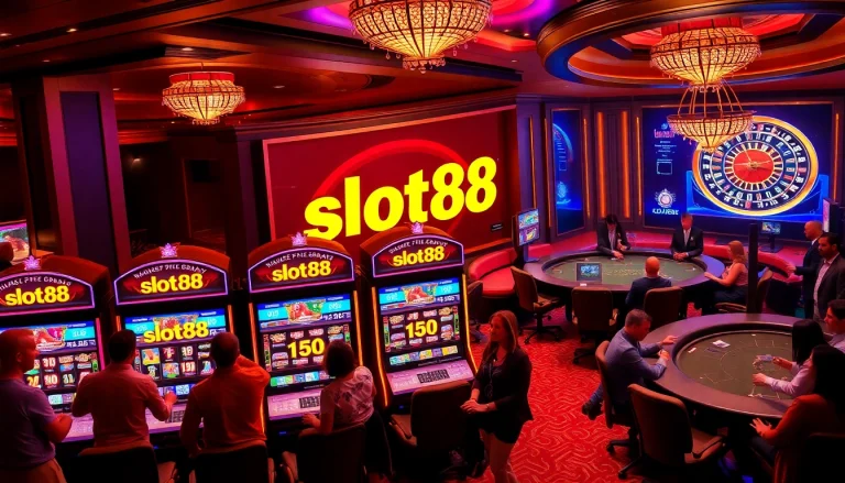 Players enjoying the thrilling slot88 machines at a glamorous casino.