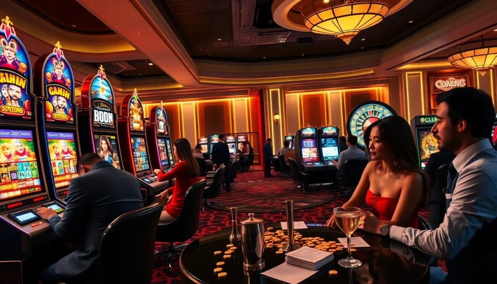 Experience thrilling gameplay at qqmacan with an inviting casino environment featuring vibrant slot machines and excited players.