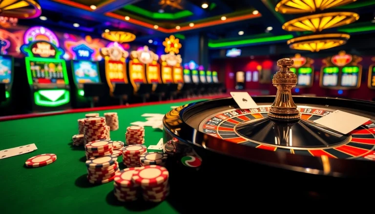 Players engaging in thrilling casino games at mm88, showcasing vibrant poker chips and roulette wheel.