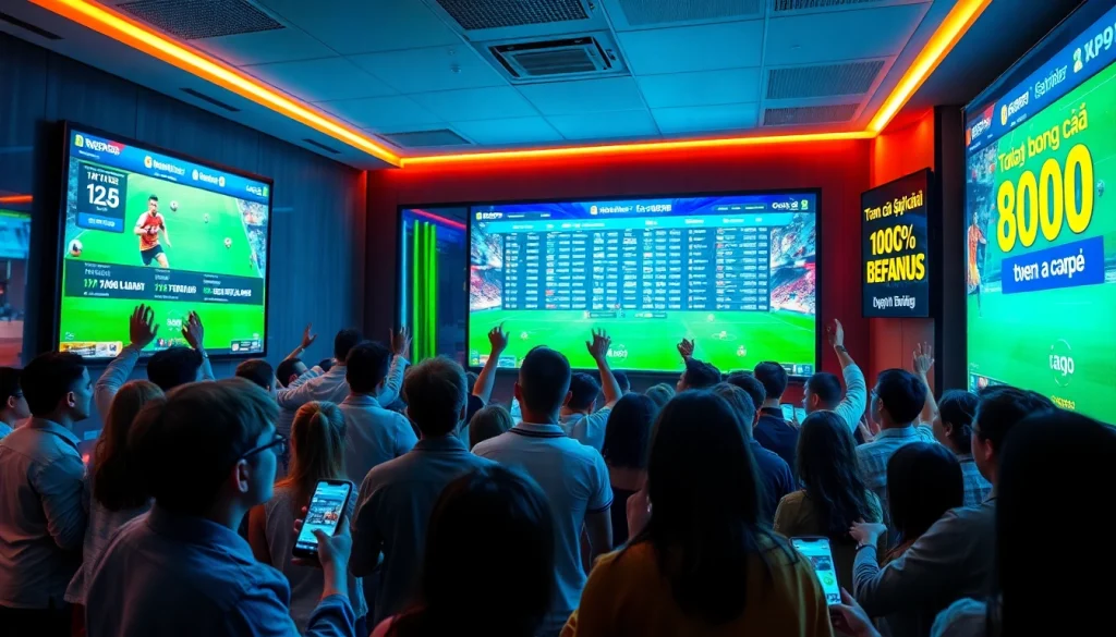 Exciting gaming atmosphere showcasing trang cá cược bóng đá with diverse bettors enjoying a vibrant sports betting environment.