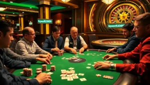 Nohu90 poker game with players engaged, showcasing excitement at a luxurious casino table.