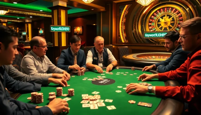Nohu90 poker game with players engaged, showcasing excitement at a luxurious casino table.