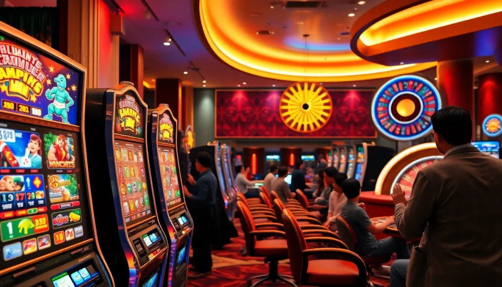 Experience excitement at dewa slot88 with vibrant slot machines and engaged players in a luxurious casino.