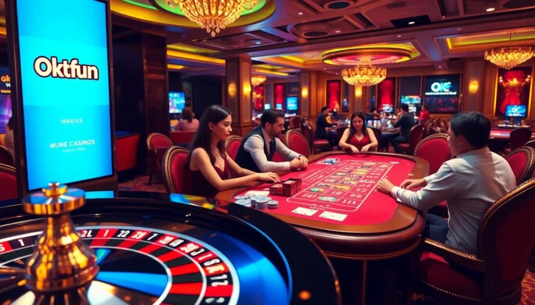 Players enjoying an exciting gaming experience at Okfun's luxurious casino with vibrant roulette and blackjack tables.