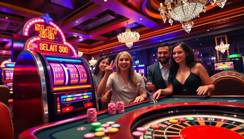 Players enjoying the slot88 machine in a vibrant casino atmosphere, emphasizing excitement and anticipation.