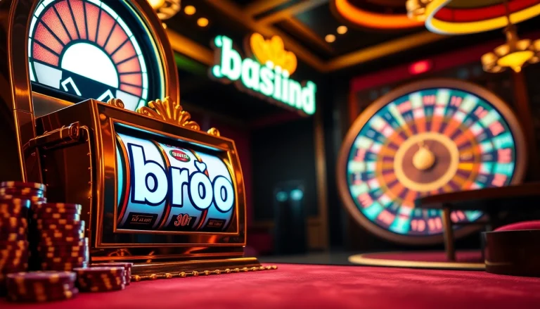 Experience the thrill of bro138 slot with an elegant casino scene featuring vibrant lights and luxury.