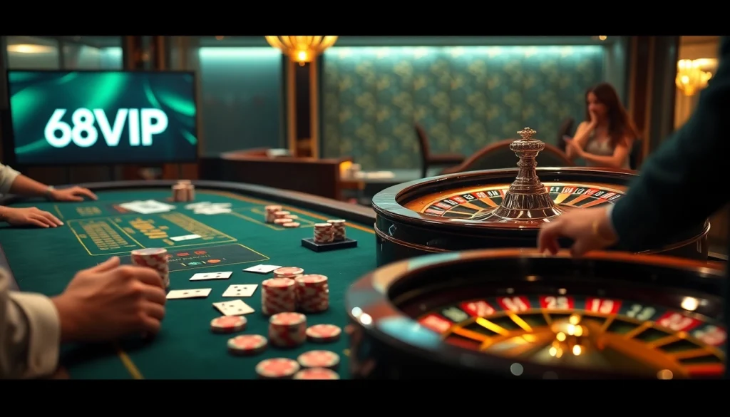 Experience the thrill of 68VIP with an elegant casino scene featuring poker chips and roulette action.