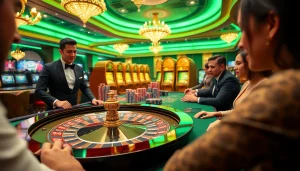 X88 casino scene showcasing an exhilarating roulette wheel and vibrant gambling elements.