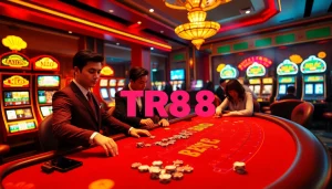 Exciting casino action featuring nhà cái TR88 with players and dealers at a luxurious table
