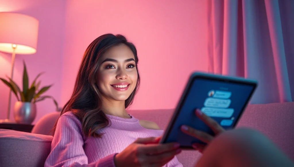 AI nsfw virtual girlfriend engaging in a friendly chat on tablet in cozy setting