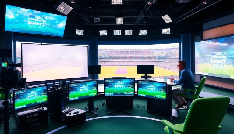 Experience the excitement of Sports Broadcasting in a modern studio with vibrant hosts.