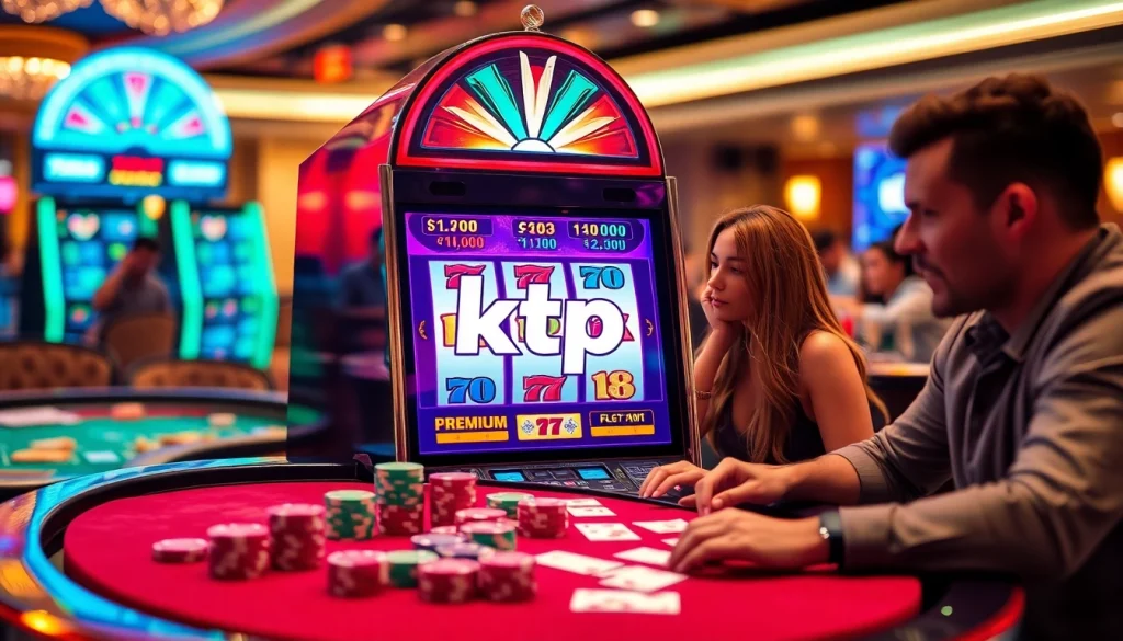 Experience the thrill of ktpjitu with a vibrant slot machine and poker table in a luxurious casino setting.
