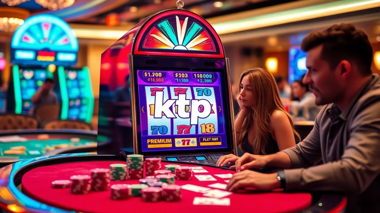 Experience the thrill of ktpjitu with a vibrant slot machine and poker table in a luxurious casino setting.