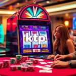 Experience the thrill of ktpjitu with a vibrant slot machine and poker table in a luxurious casino setting.
